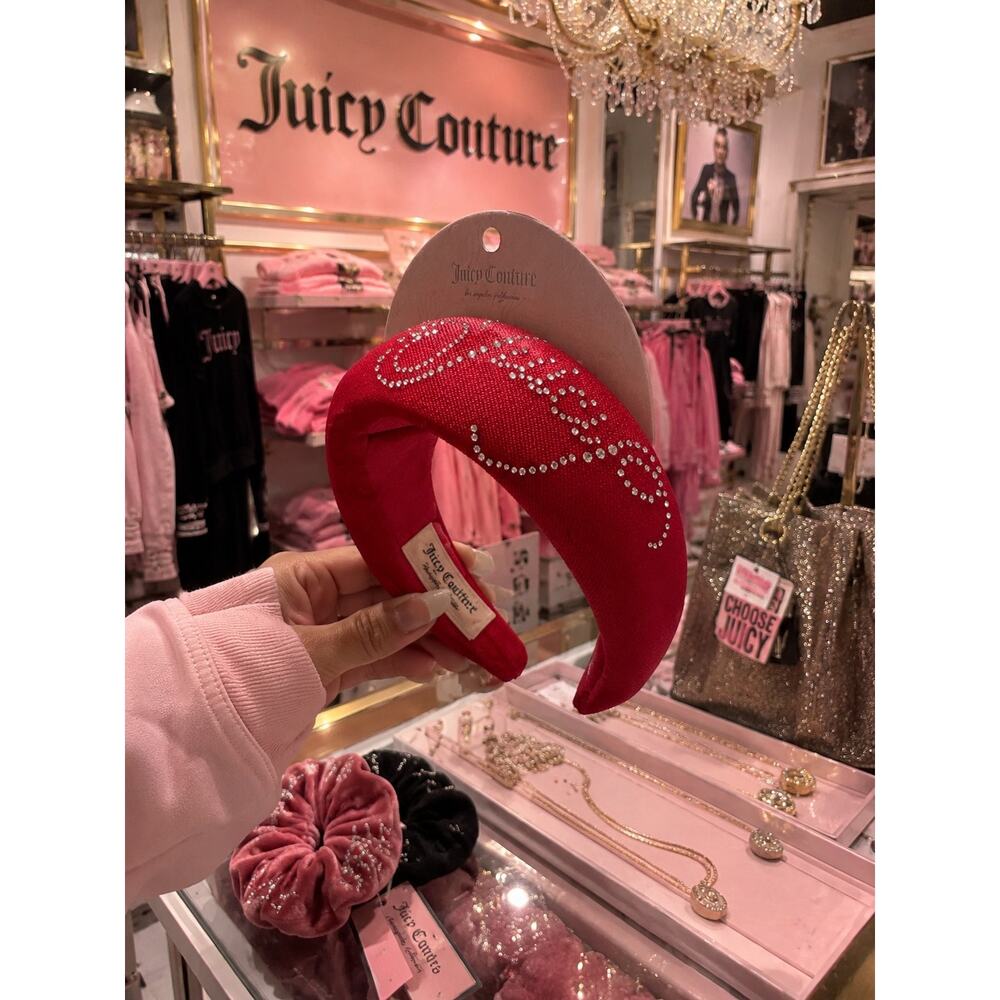NWT!  JUICY COUTURE Hot Pink Velour Padded Headband Rhinestone Logo Y2K